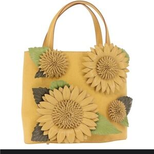 Salvatore Ferragamo Yellow Floral Appliqué Tote with Green Leaf Accents